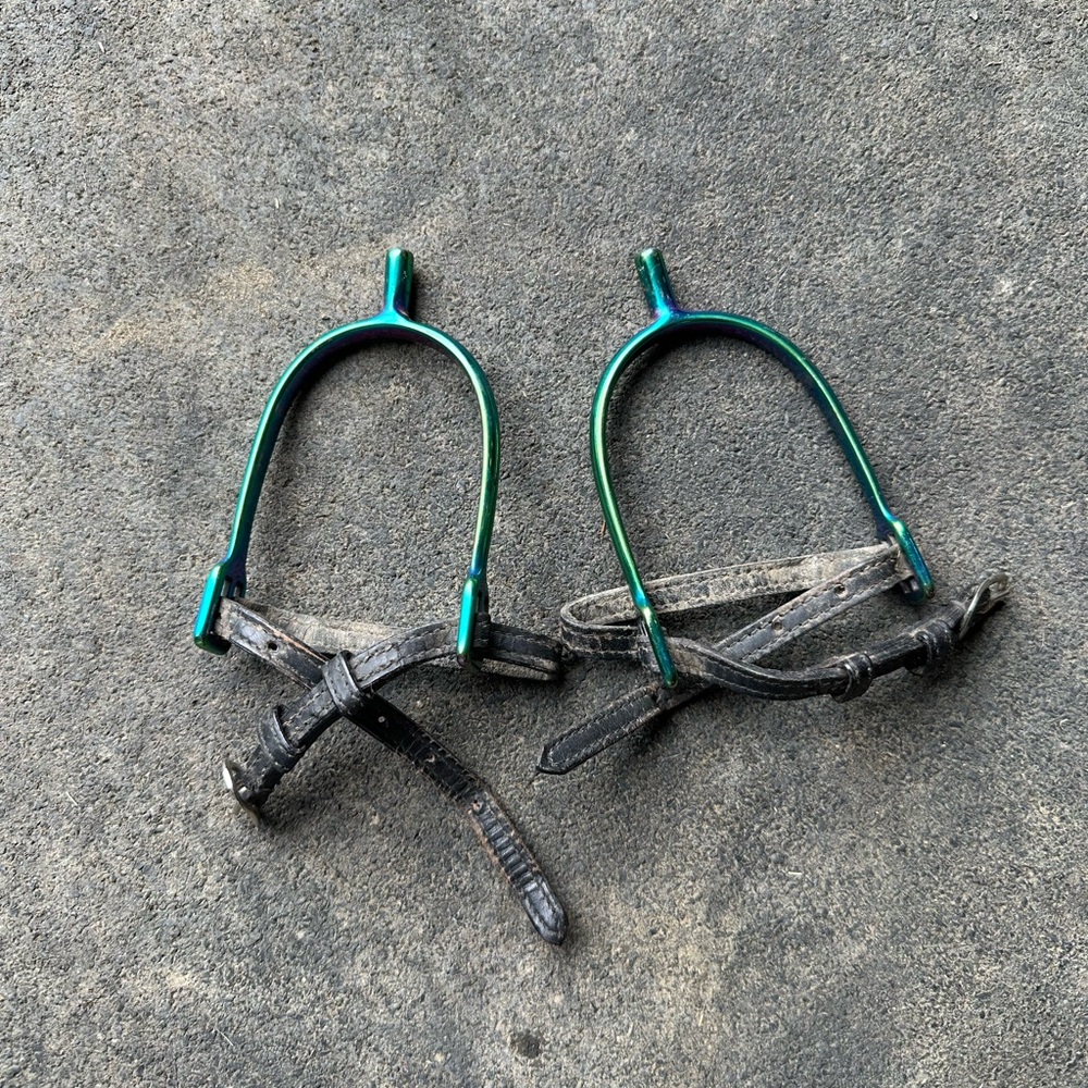 Teal Green Metal Riding Spurs with Black Leather Straps